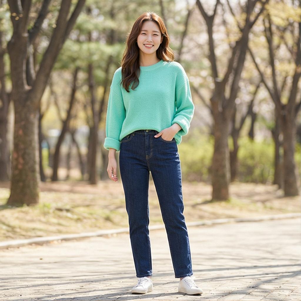 진청 데님 팬츠: 활동적인 주말 나들이 룩