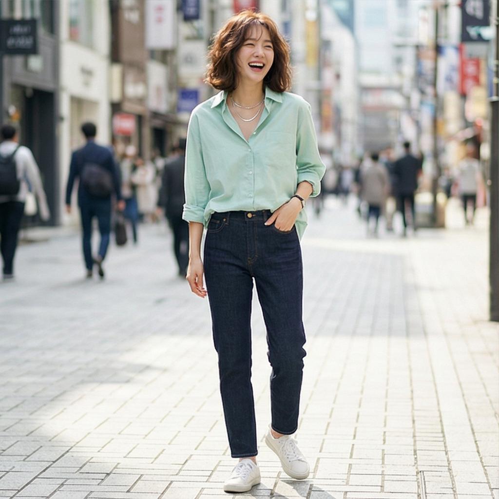 진청 데님 팬츠: 활동적인 데이트 스타일