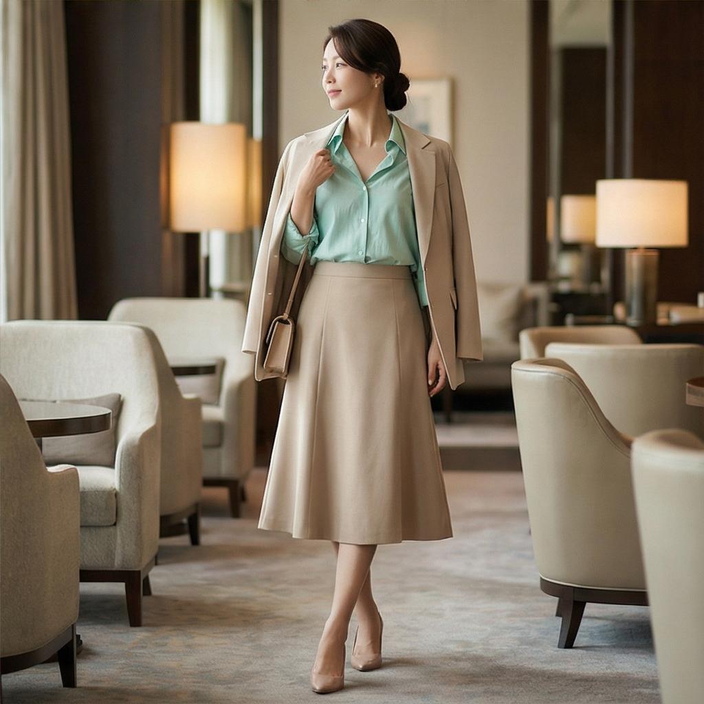 베이지 롱 스커트: 우아한 모임 룩