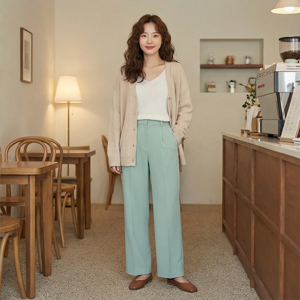 베이지색 가디건: 부드러운 감성 무드