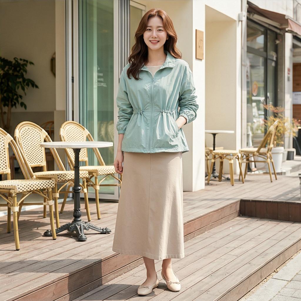 베이지 롱 스커트: 부드러운 나들이룩