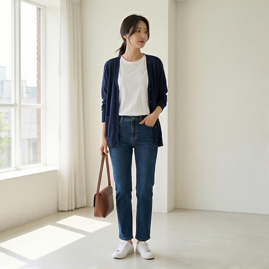 흰색 무지 티셔츠와 청바지: 편안한 데일리 스타일