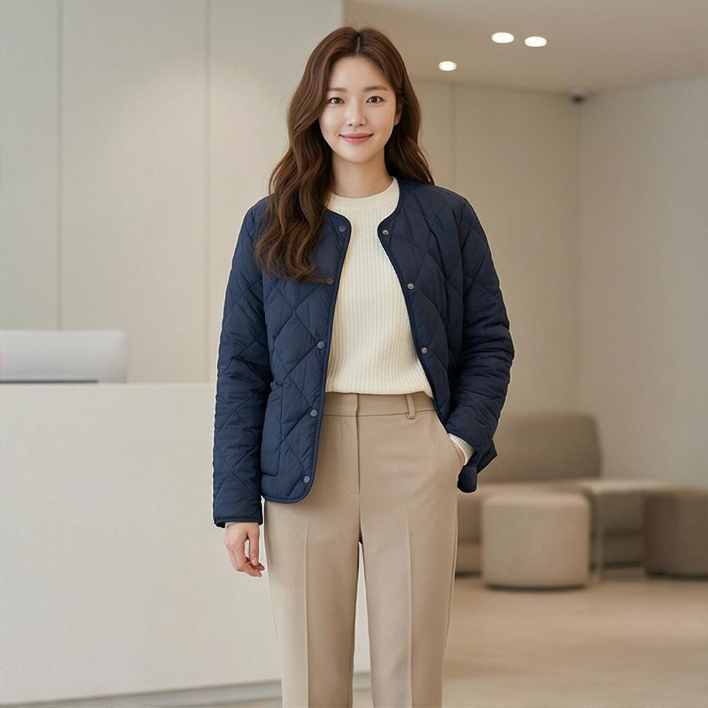 아이보리 니트 & 베이지 슬랙스: 단정한 오피스 룩