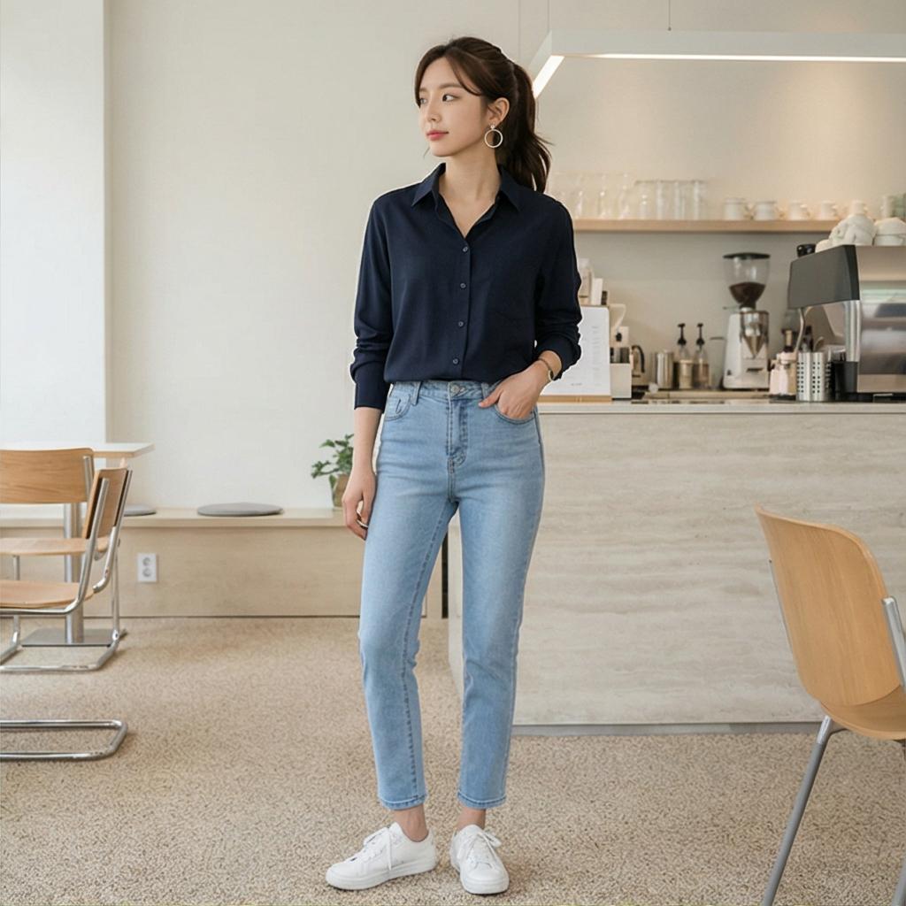 연청 데님 팬츠: 경쾌한 데일리 룩