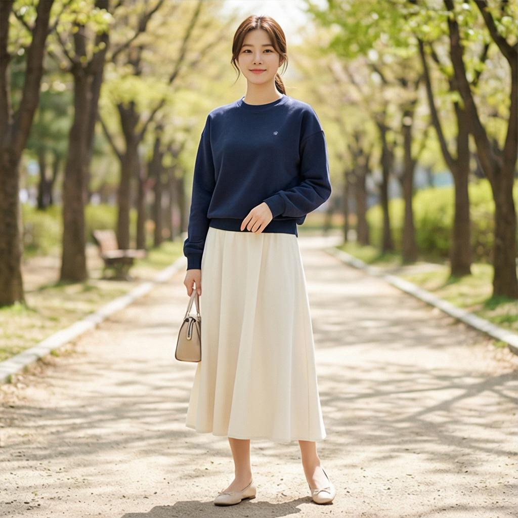 아이보리 롱 스커트: 부드러운 무드의 데이트 룩