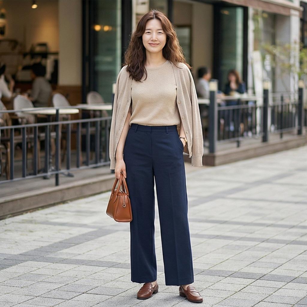 베이지 니트와 가디건: 부드러운 분위기의 비즈니스 캐주얼룩