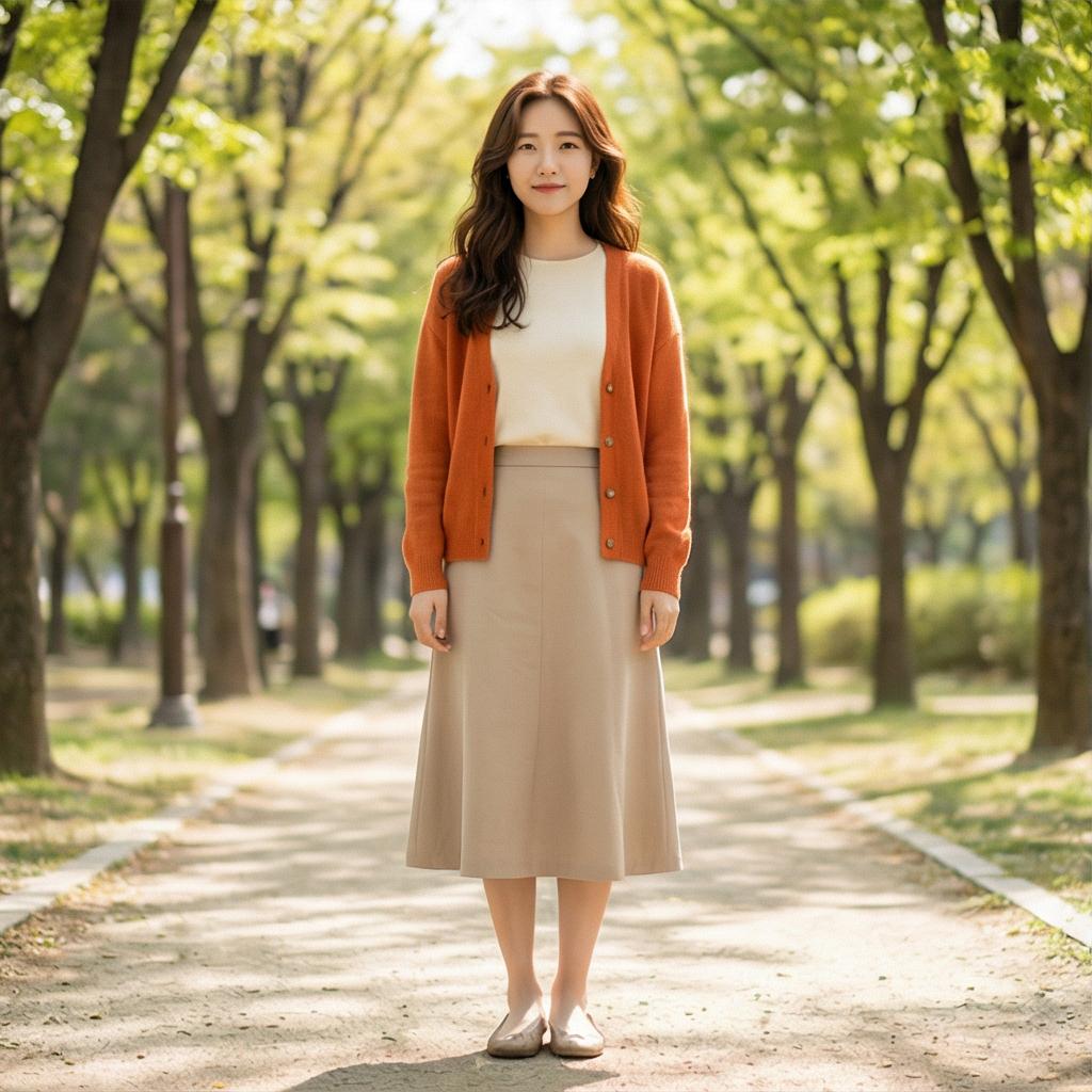 베이지색 롱 스커트: 부드러운 분위기의 나들이룩