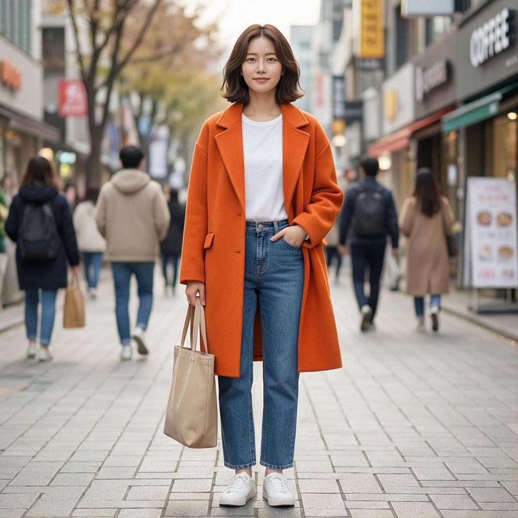 중청 데님과 화이트 스니커즈: 활기찬 데일리룩