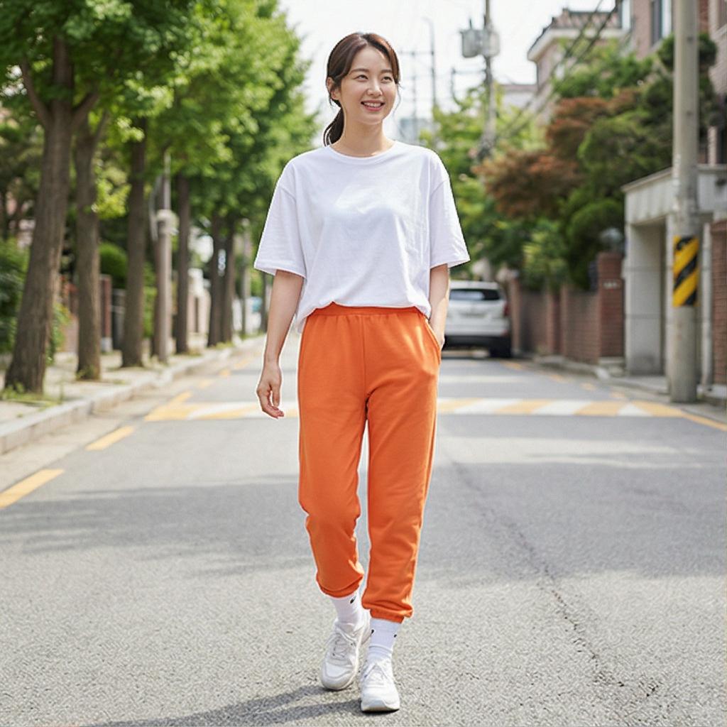 흰색 무지 티셔츠: 꾸안꾸 산책 룩