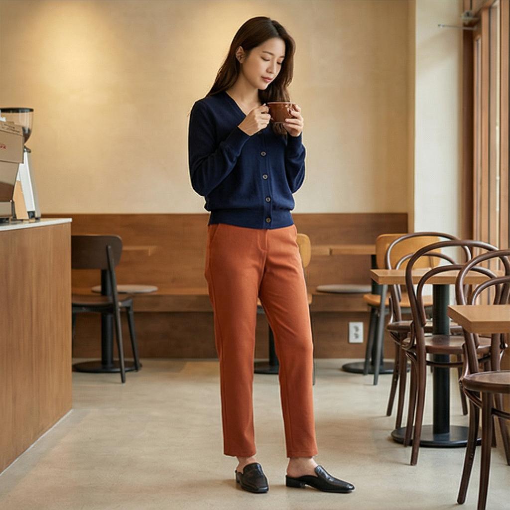 네이비 카디건과 블로퍼: 고급스러운 모임 스타일