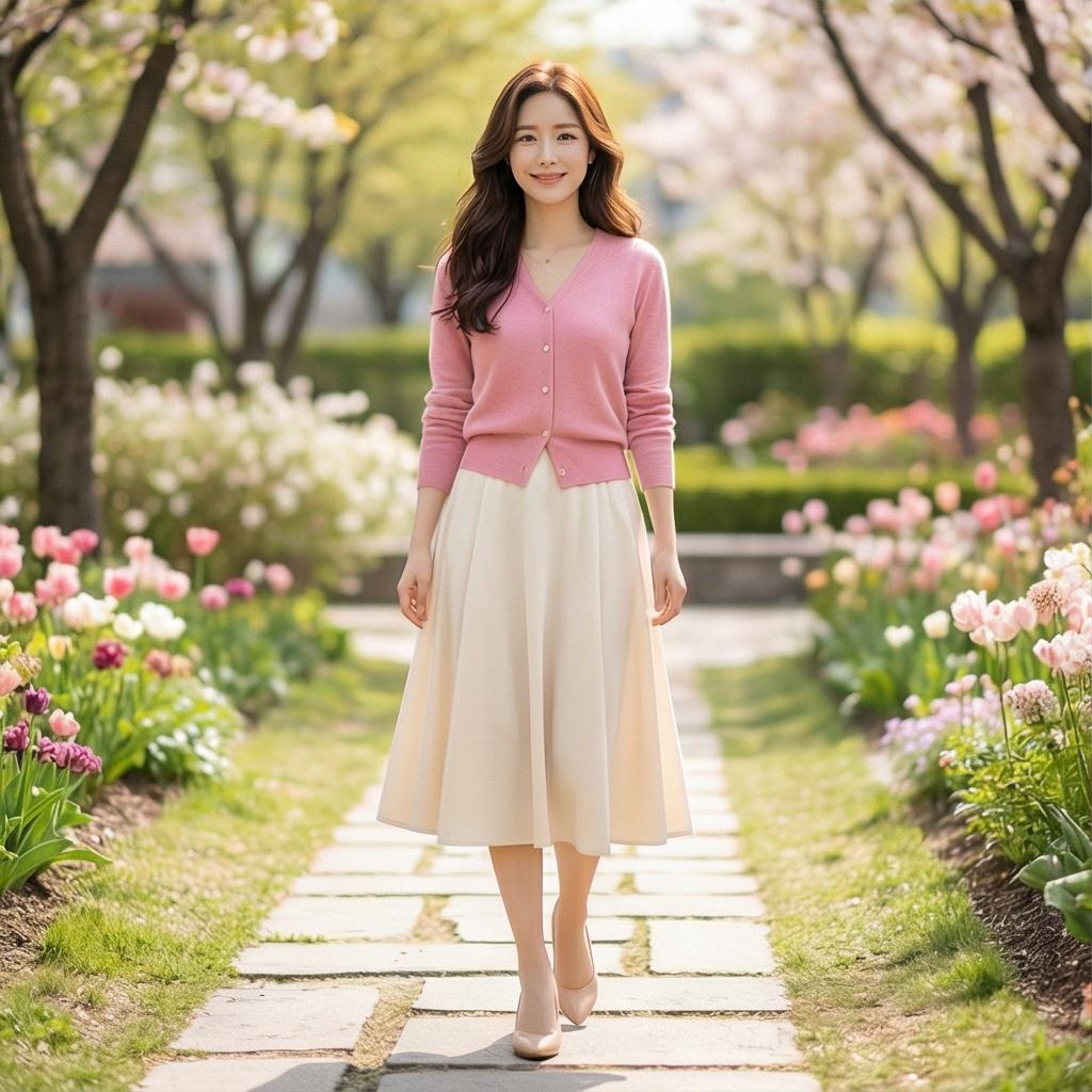 베이지색 롱스커트: 우아하고 부드러운 하객룩