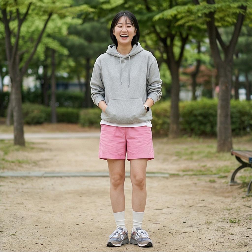 회색 후드티: 편안한 산책 분위기