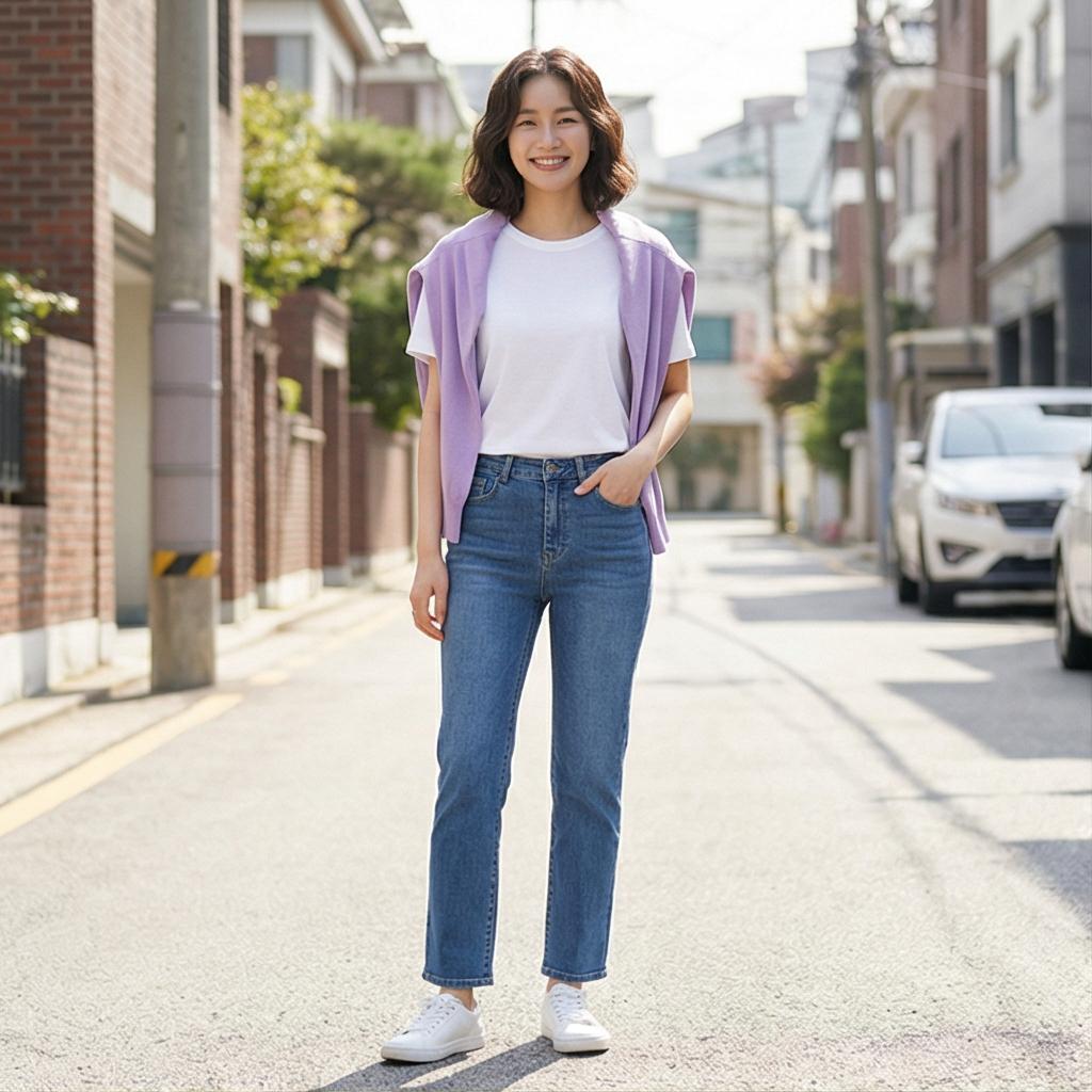 흰색 티셔츠 & 일자 데님: 편안한 데일리룩