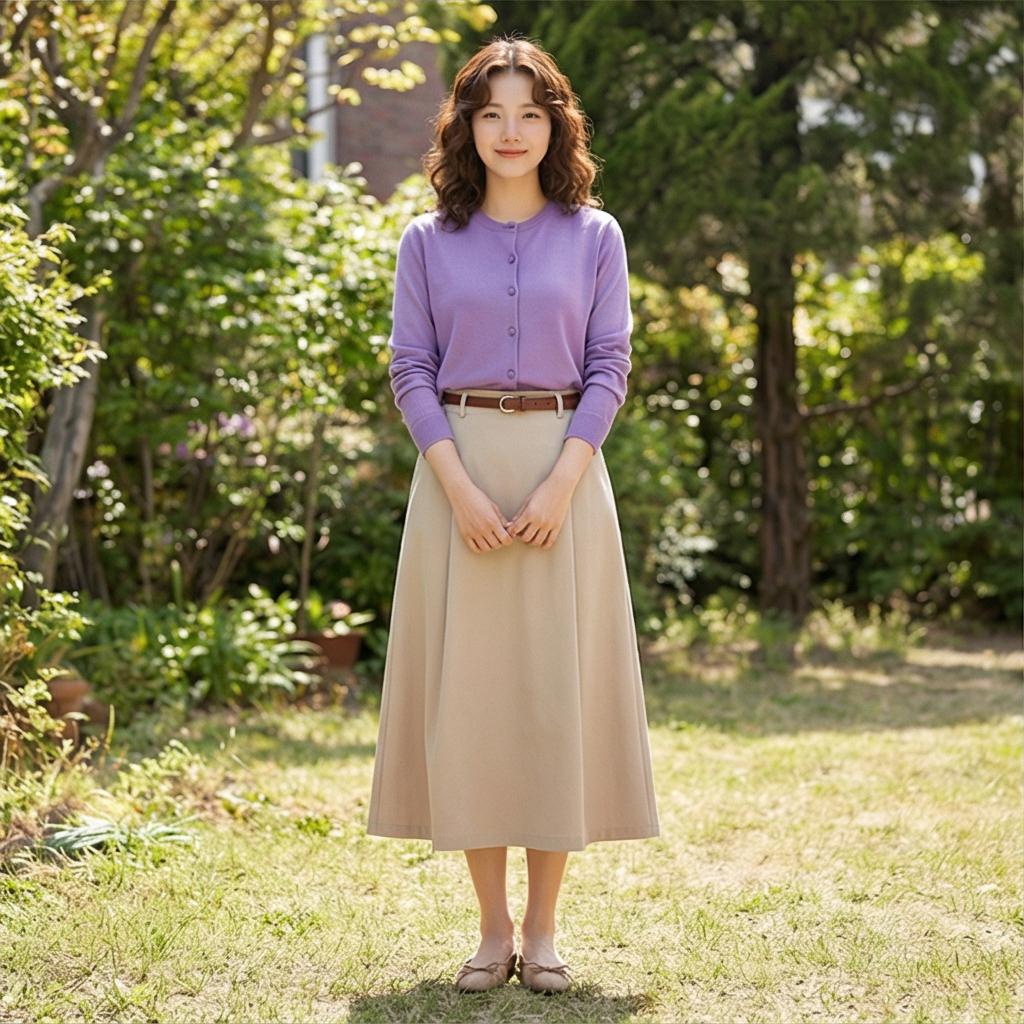 베이지색 롱 스커트: 부드러운 나들이 룩