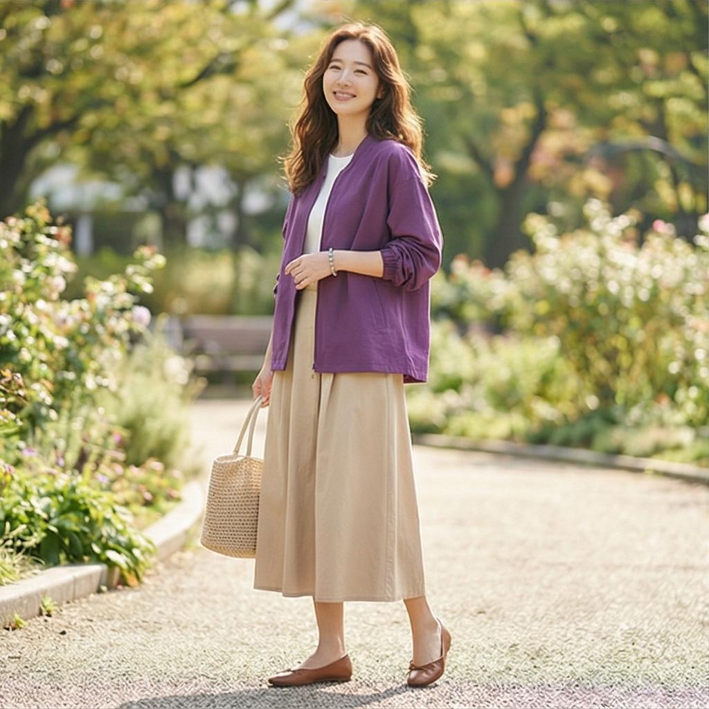 베이지색 하의: 부드럽고 온화한 나들이 룩