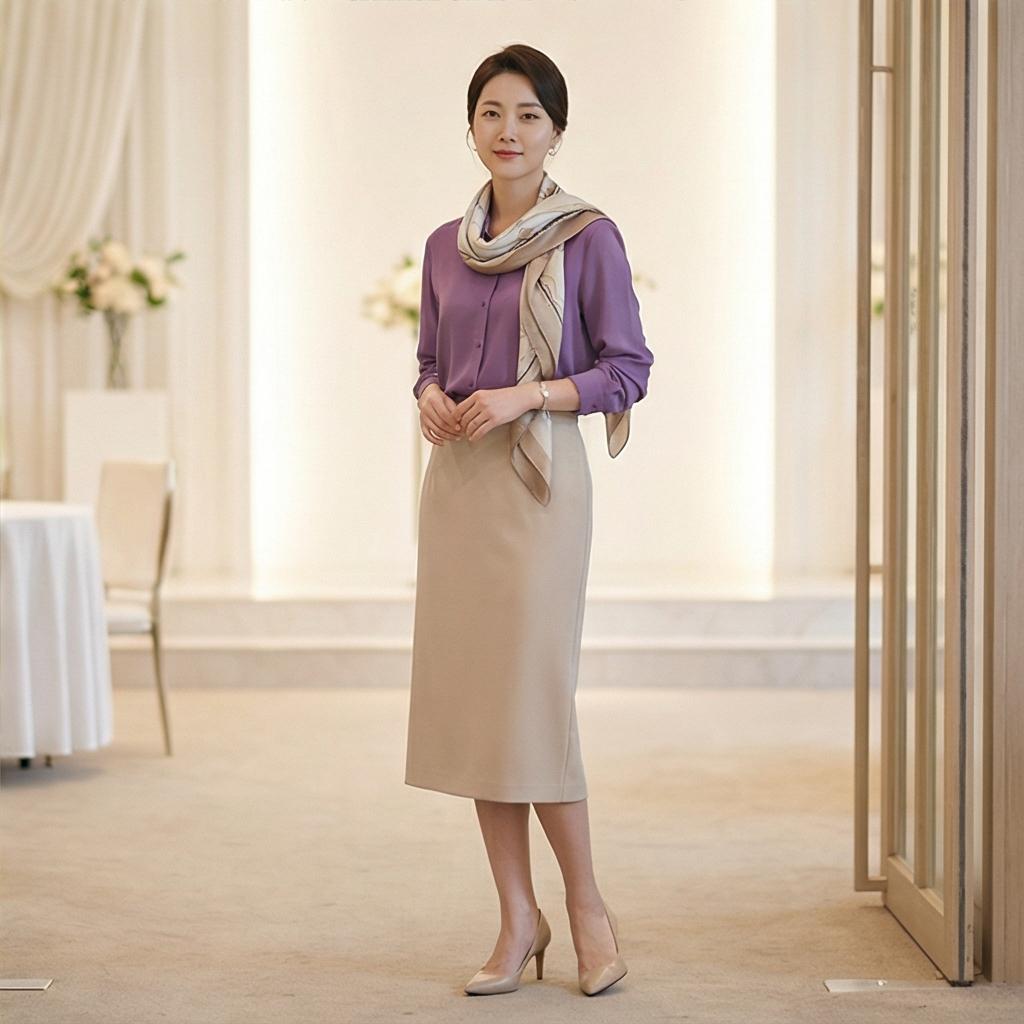 베이지색 롱 스커트: 우아한 하객 룩