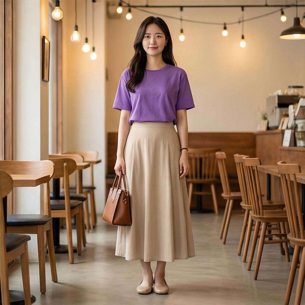 베이지 롱 스커트: 부드러운 분위기