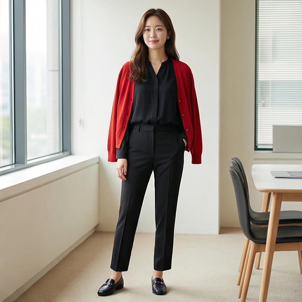 검정 슬랙스와 블라우스: 단정한 오피스 룩