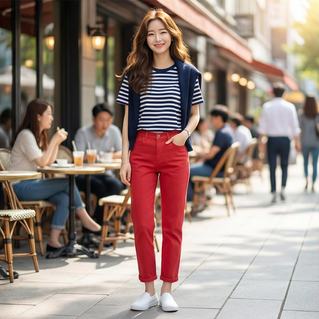 네이비 스트라이프 티셔츠: 경쾌한 데이트 스타일