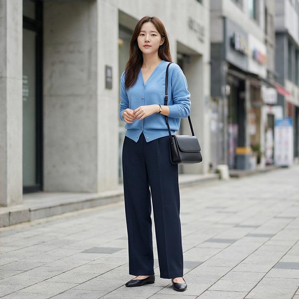 짙은 네이비 와이드 팬츠: 세련된 톤온톤 미니멀 스타일