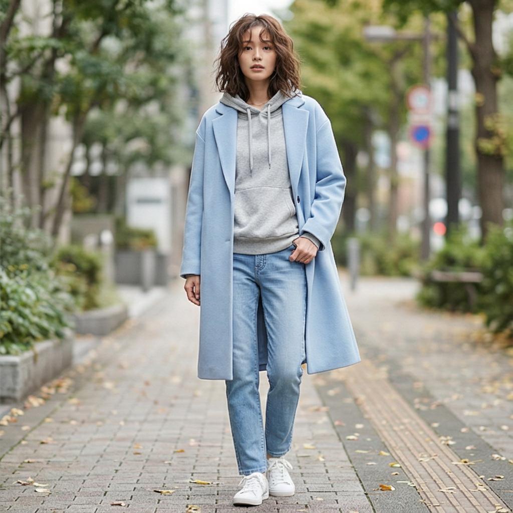 회색 후드티 & 데님 팬츠: 편안한 캐주얼 스타일