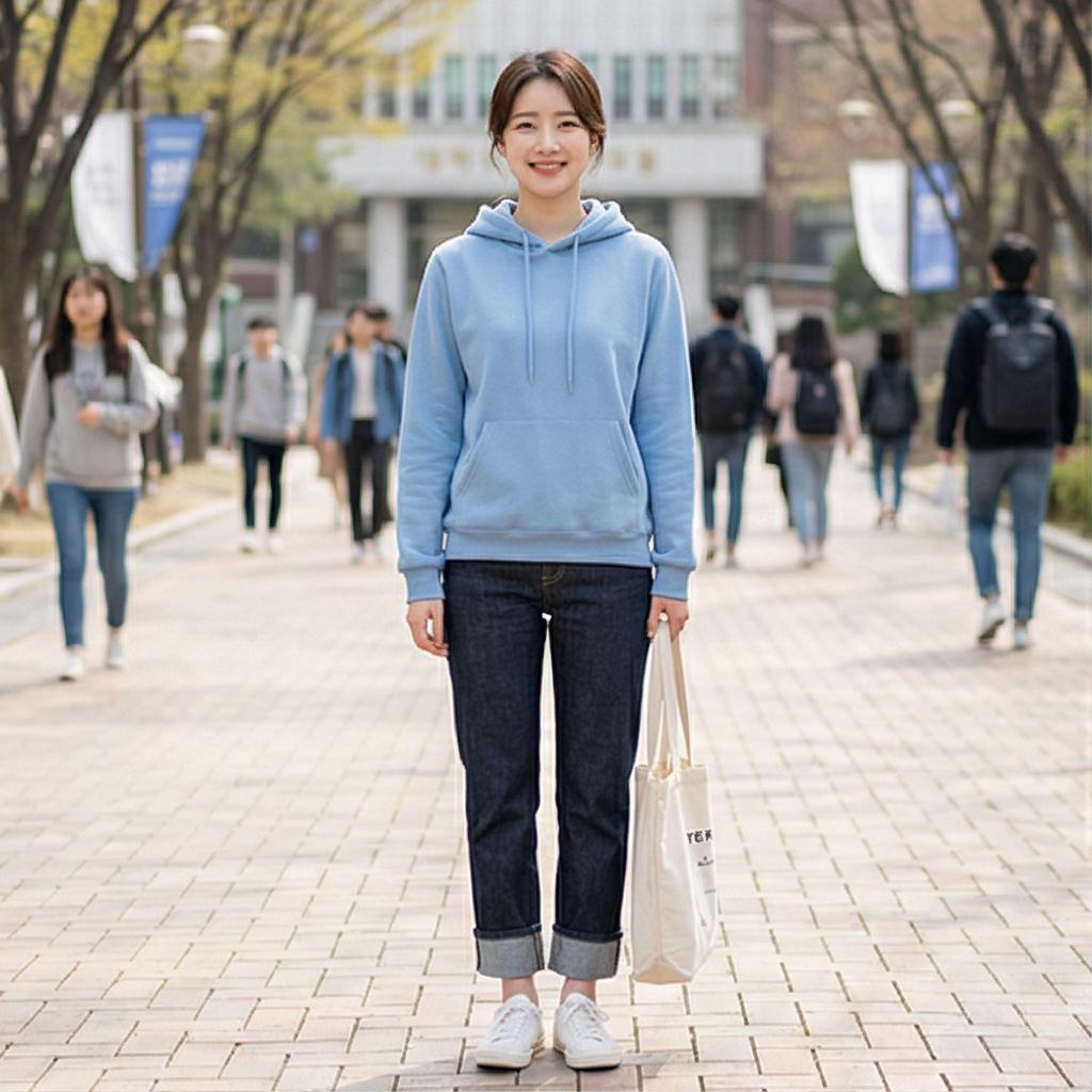 진청 데님 팬츠: 활동적인 캠퍼스 룩