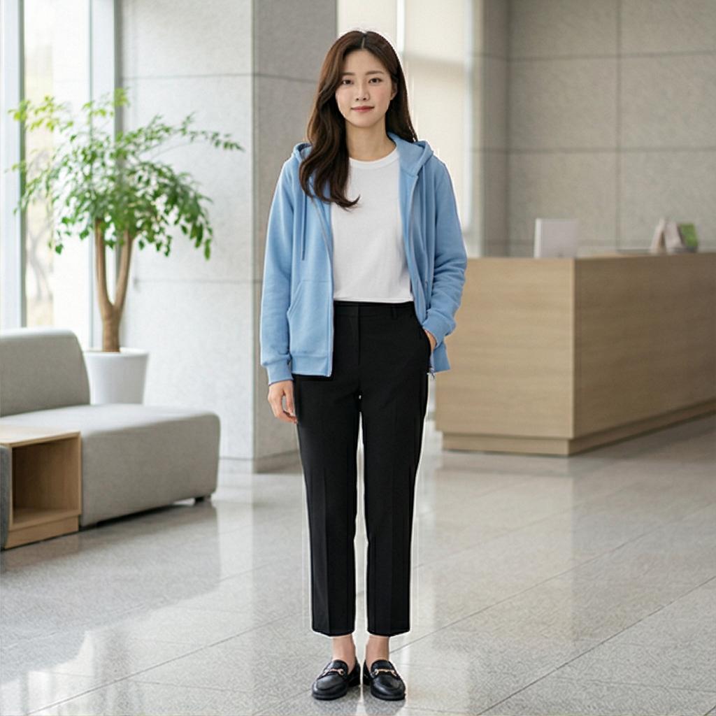 흰색 티셔츠 & 검정 슬랙스: 단정한 비즈니스 캐주얼 룩