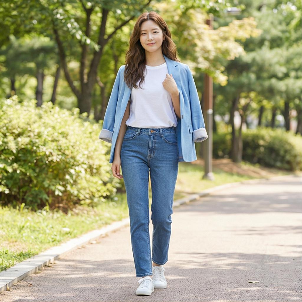 흰색 티셔츠 & 데님 팬츠: 산뜻한 주말 나들이 룩