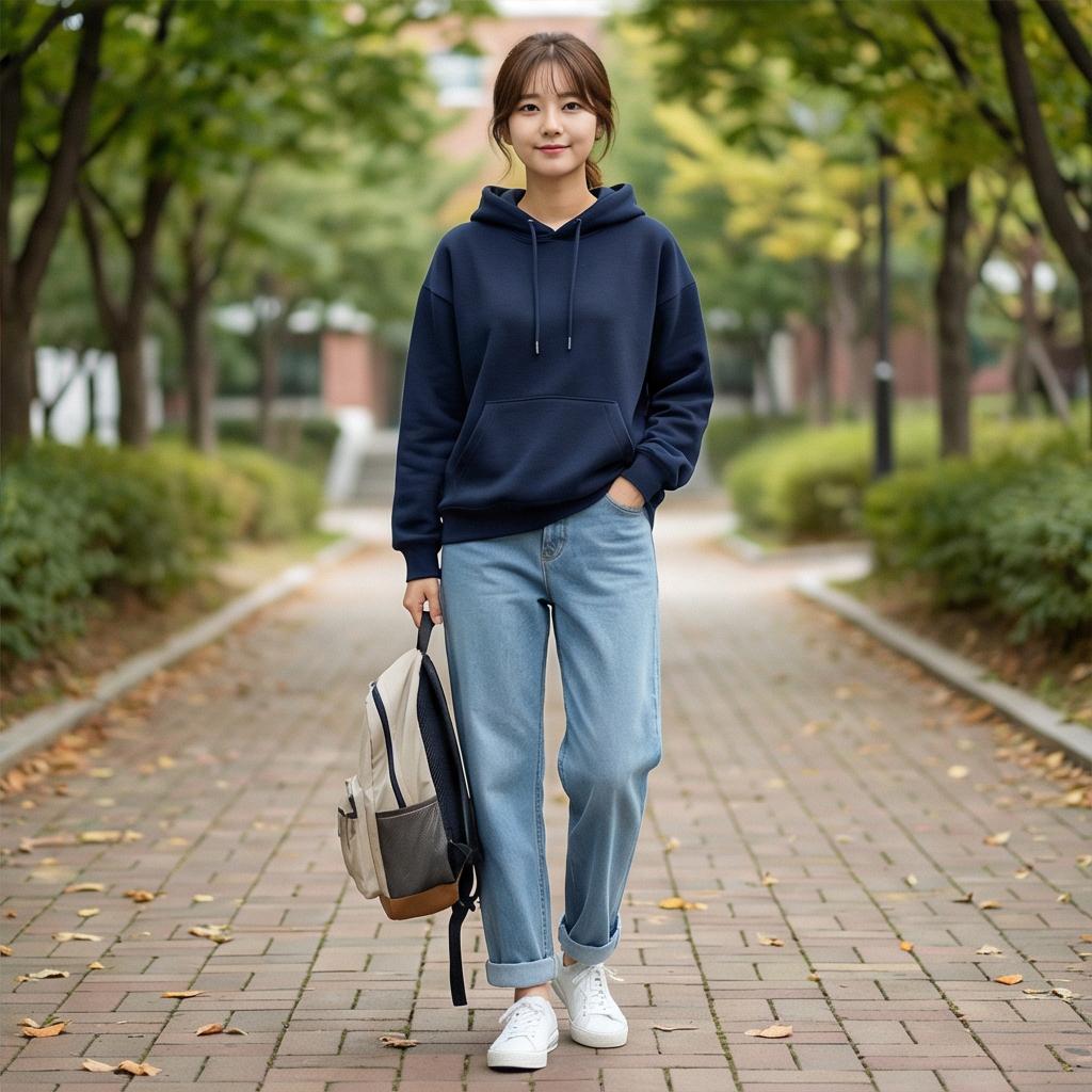 네이비 맨투맨: 활동성을 강조한 캠퍼스 룩