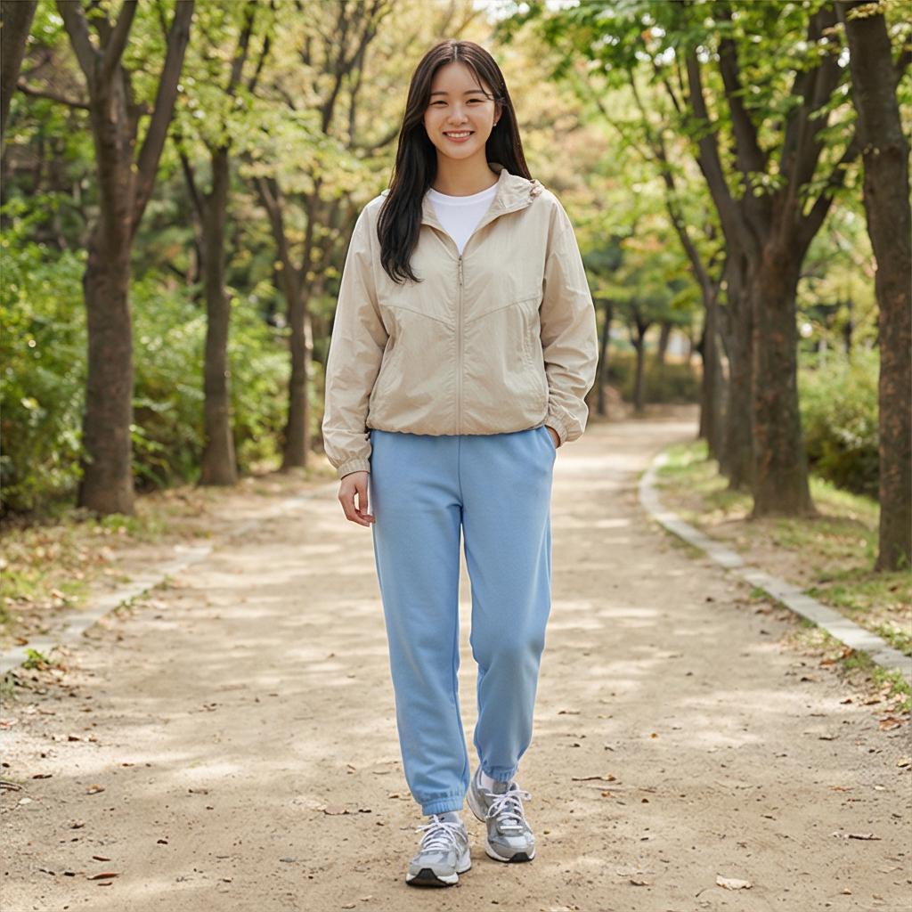 베이지 바람막이: 가벼운 산책 및 나들이 룩