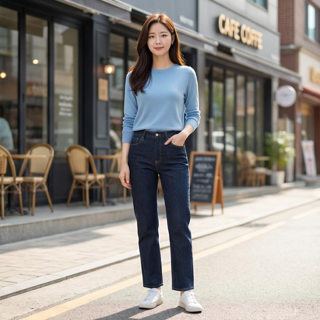 진청 데님 팬츠: 편안한 분위기의 데일리 스타일