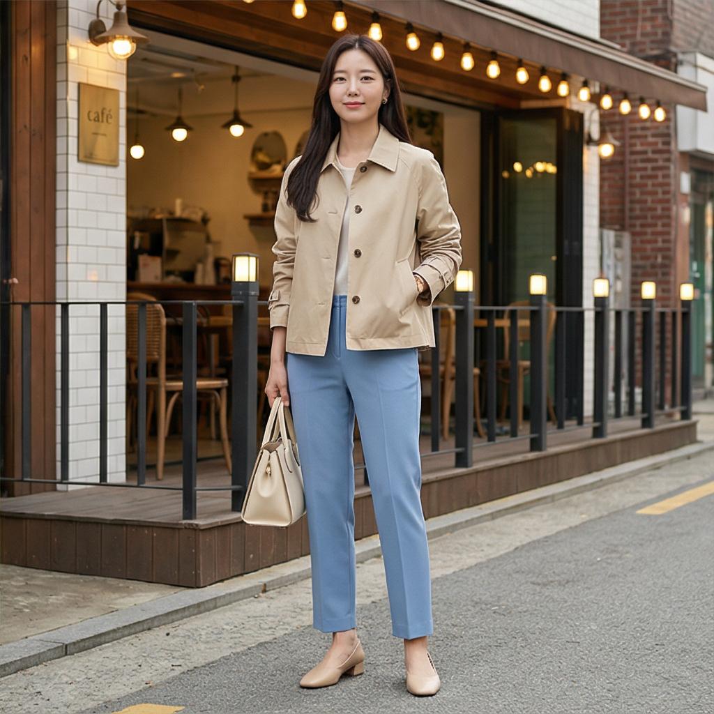 베이지 자켓: 부드러운 분위기의 데이트 룩