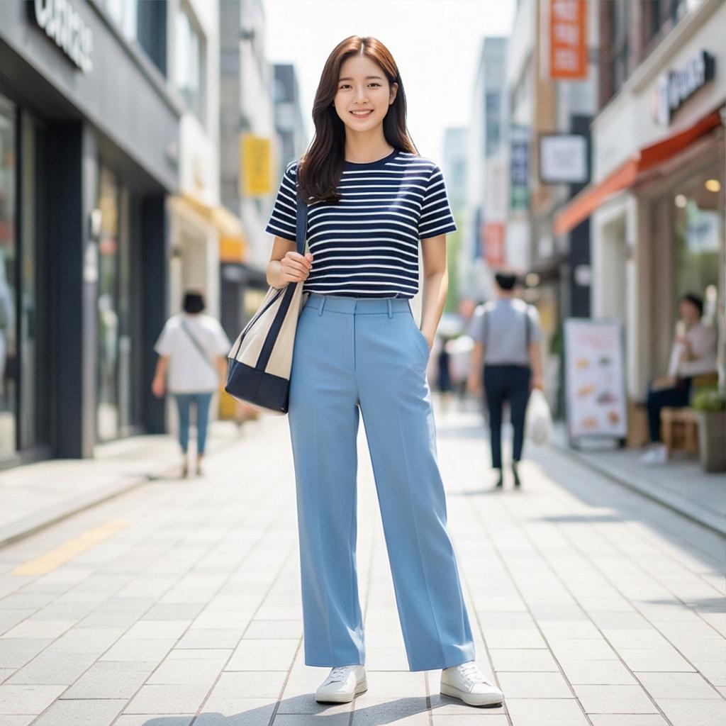 네이비 스트라이프 티셔츠: 경쾌한 주말 나들이 룩