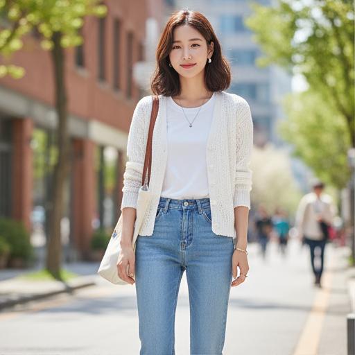 흰색 티셔츠 + 데님 팬츠: 시원하고 깔끔한 데일리룩