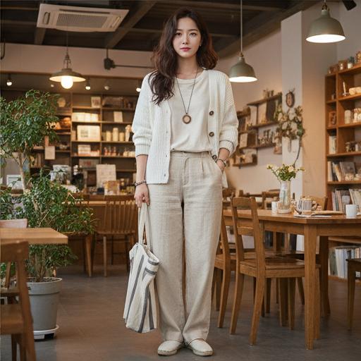 베이지색 팬츠 + 캐주얼 셔츠: 자연스럽고 편안한 소개팅룩