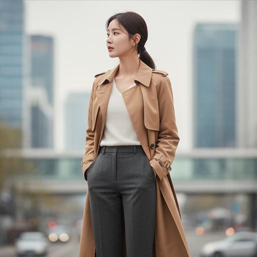카멜 컬러 트렌치코트와 흰색 니트: 간절기 모던한 스타일