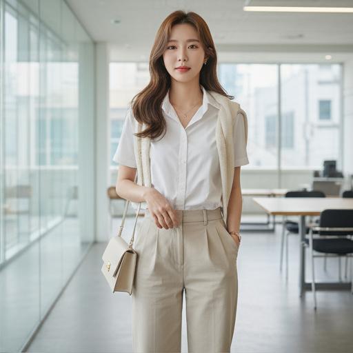 베이지 와이드 팬츠 + 미니백: 여유로운 오피스룩