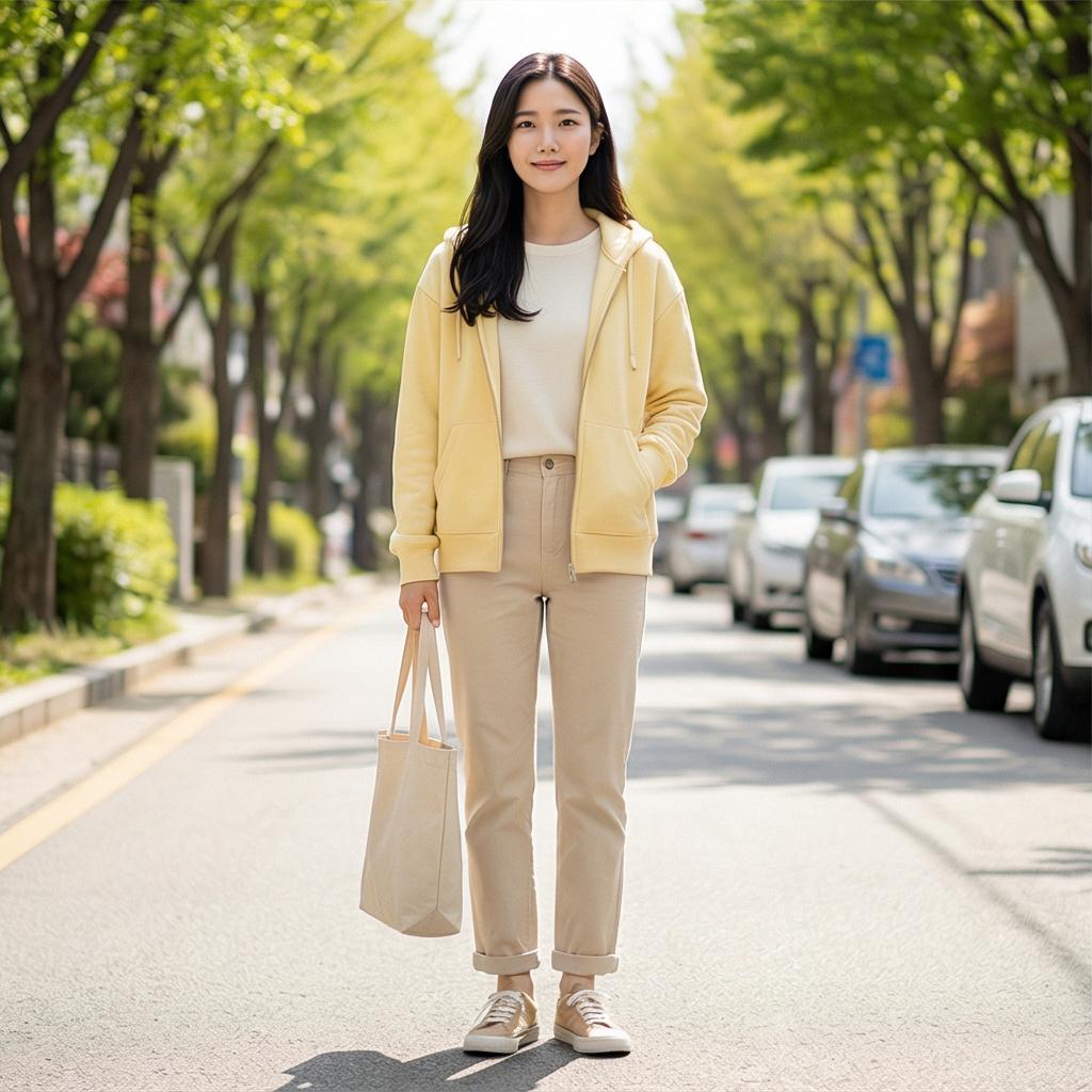 베이지색 면바지: 부드러운 인상의 근교 드라이브 룩