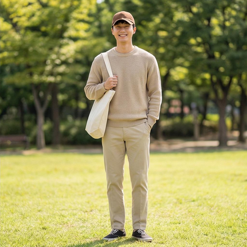 베이지색 니트 & 면바지: 부드러운 인상의 나들이 룩