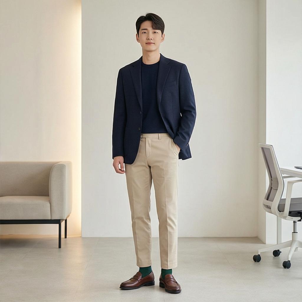 베이지 치노 팬츠: 단정한 비즈니스 캐주얼 분위기