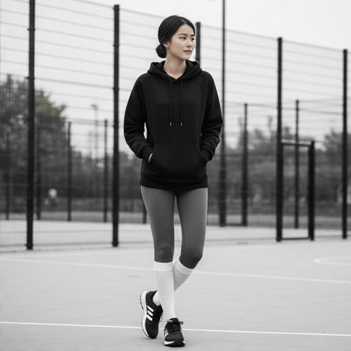 검정 후드티 & 흰 양말: 활동성과 보온성을 담은 애슬레저 룩