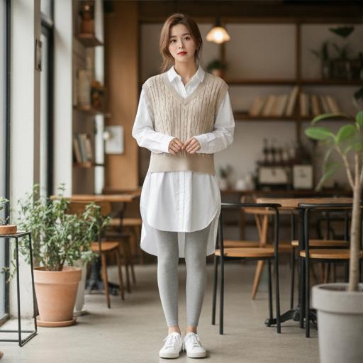 롱 셔츠 & 니트 조끼: 단정함을 더하는 캐주얼 외출 룩