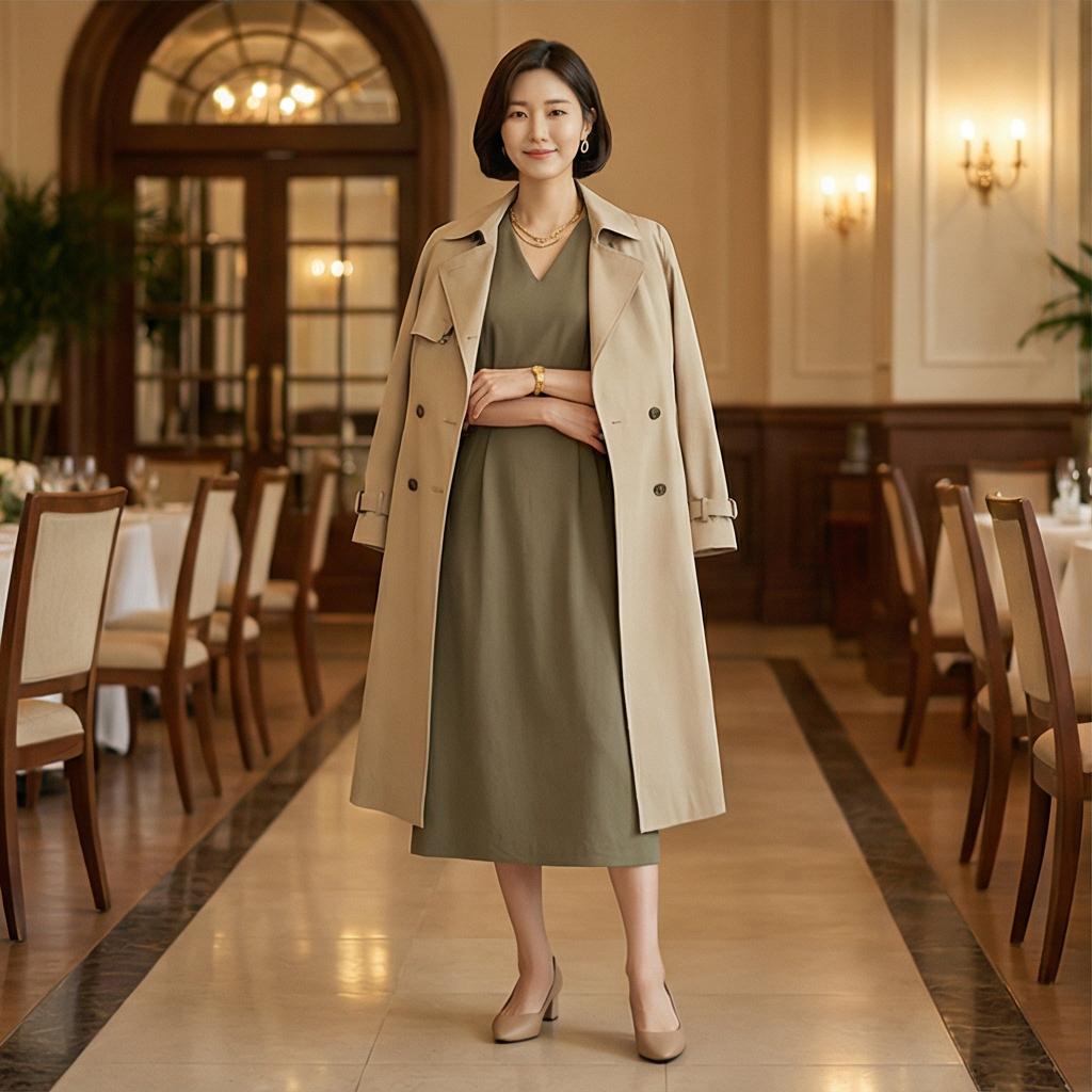 베이지 트렌치코트: 분위기 있는 하객 룩
