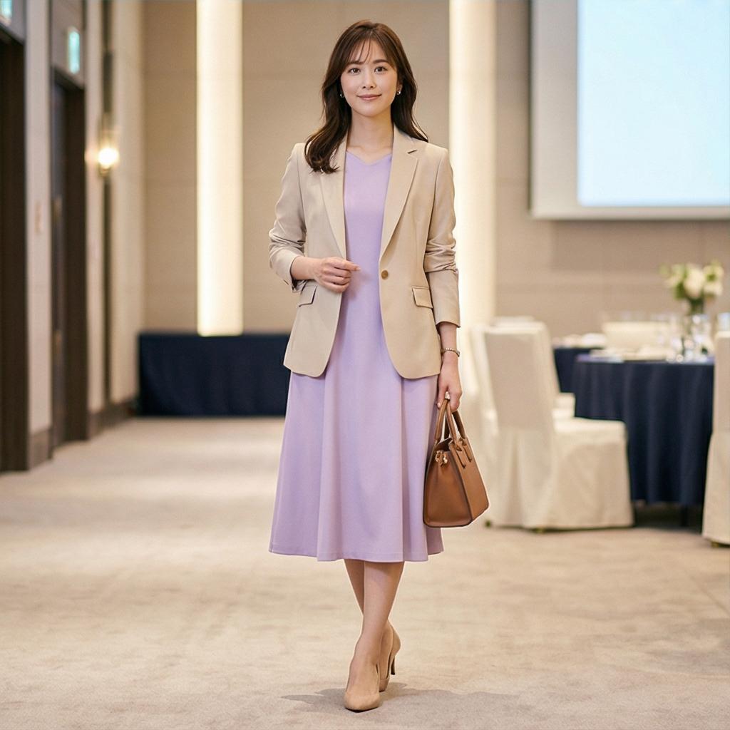 베이지 자켓: 격식 있는 하객룩 스타일