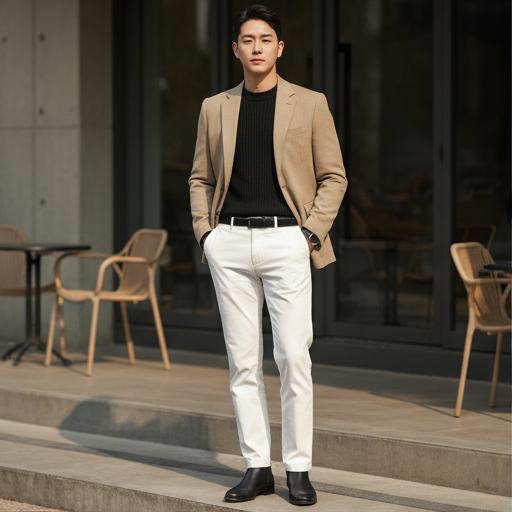 흰색 팬츠 + 검정 니트: 깔끔하고 세련된 주말 데이트 룩