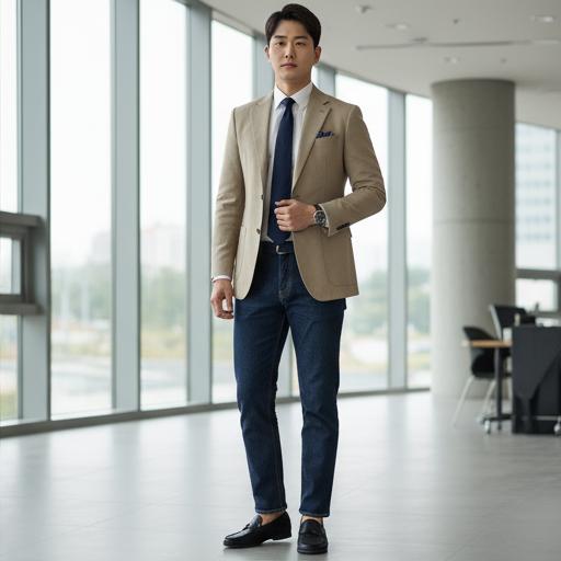 진청 데님 + 옥스퍼드 셔츠: 지적이고 신뢰감 주는 비즈니스 캐주얼