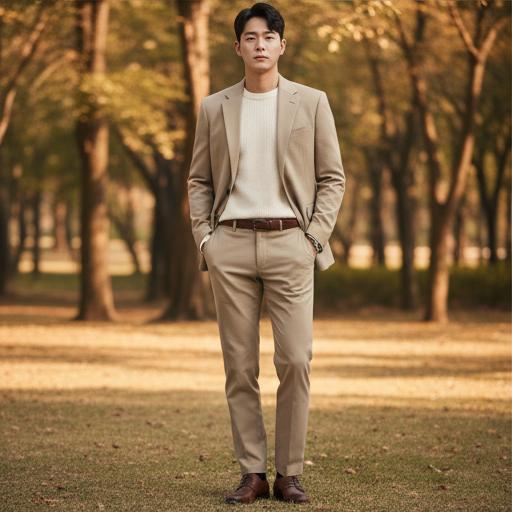 아이보리 니트 + 베이지 치노 팬츠: 부드럽고 고급스러운 톤온톤 룩