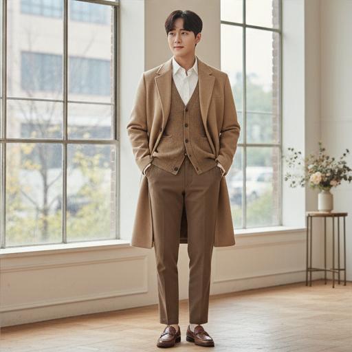 브라운 계열 치노 팬츠: 부드러운 하객 룩