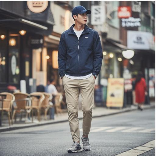 네이비 바람막이: 활동적인 근교 산책 룩