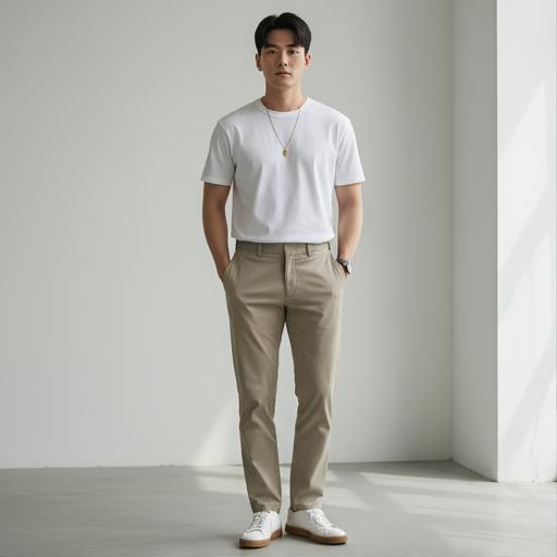흰색 티셔츠 + 베이지 슬랙스: 클린한 데일리룩